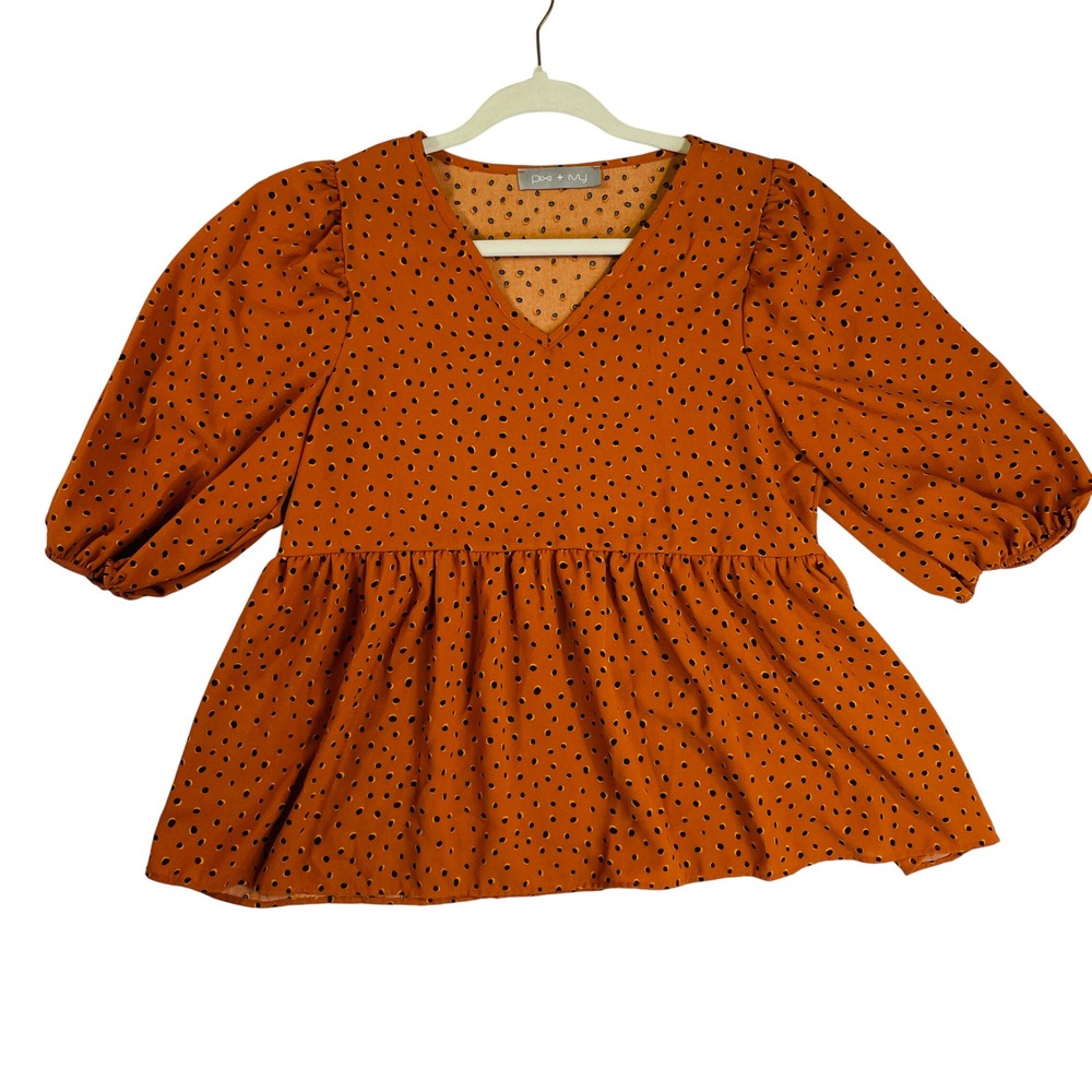 Pixi + Ivy Burnt Orange Polka Dot Peplum Top V-Neck Puff Sleeve Blouse Womens